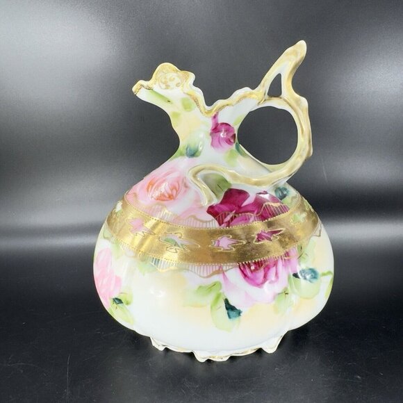 Antique Nippon Hand Painted Green Vase Pitcher Ewer Floral Gold Trim Porcelain - Picture 14 of 16